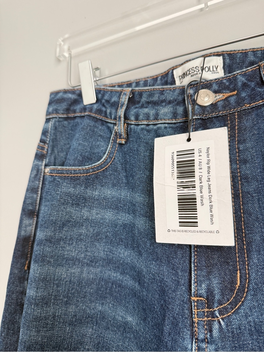 Princess Polly Naylor Rip Wide Leg Jeans Dark Blue Wash Size 4 Distressed New - Picture 6 of 9
